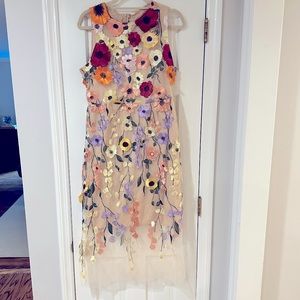 Wedding Guest Dress - Size Medium - embroidered flowers on sheer overlay